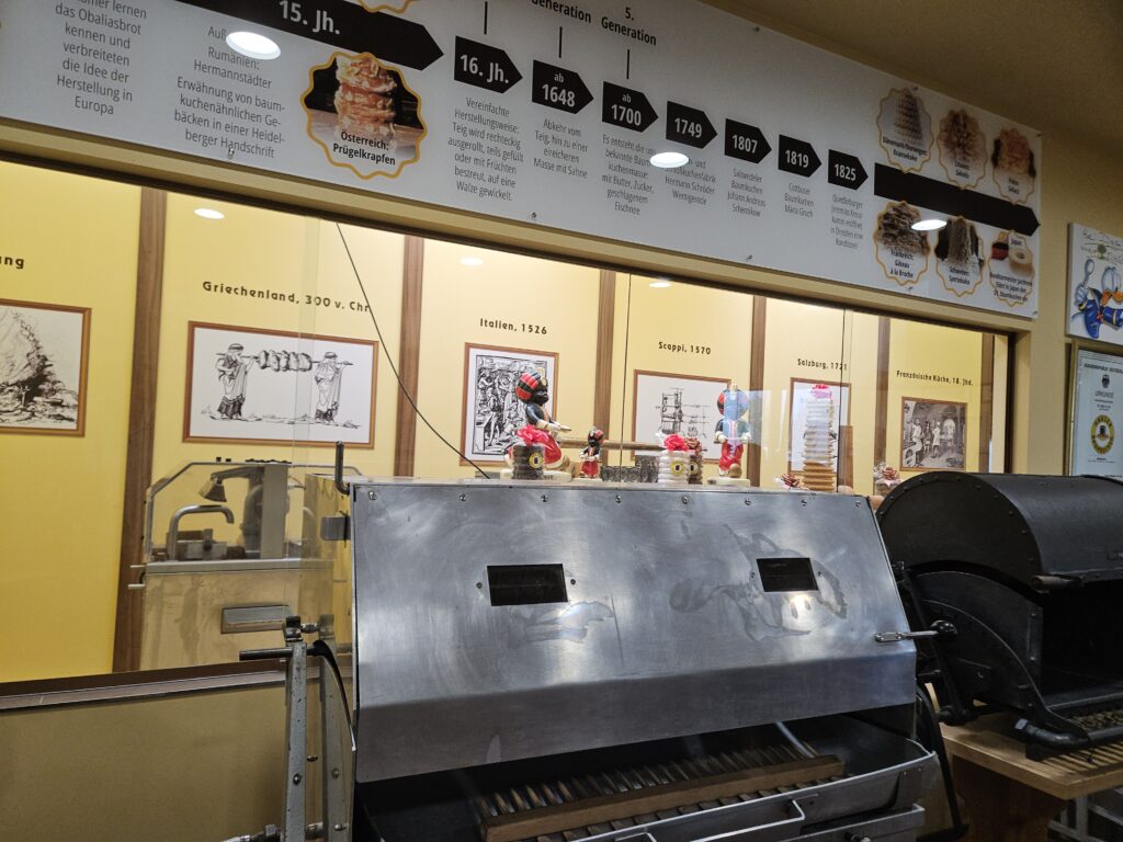 Museum over de geschiedenis van Baumkuchen met historische tijdlijn en oude bakapparatuur.
