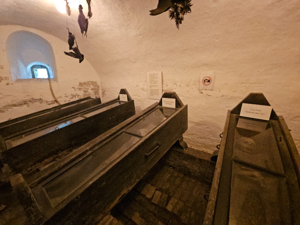 Grafkelder met de beroemde mummies van Wiuwert in glazen kisten.