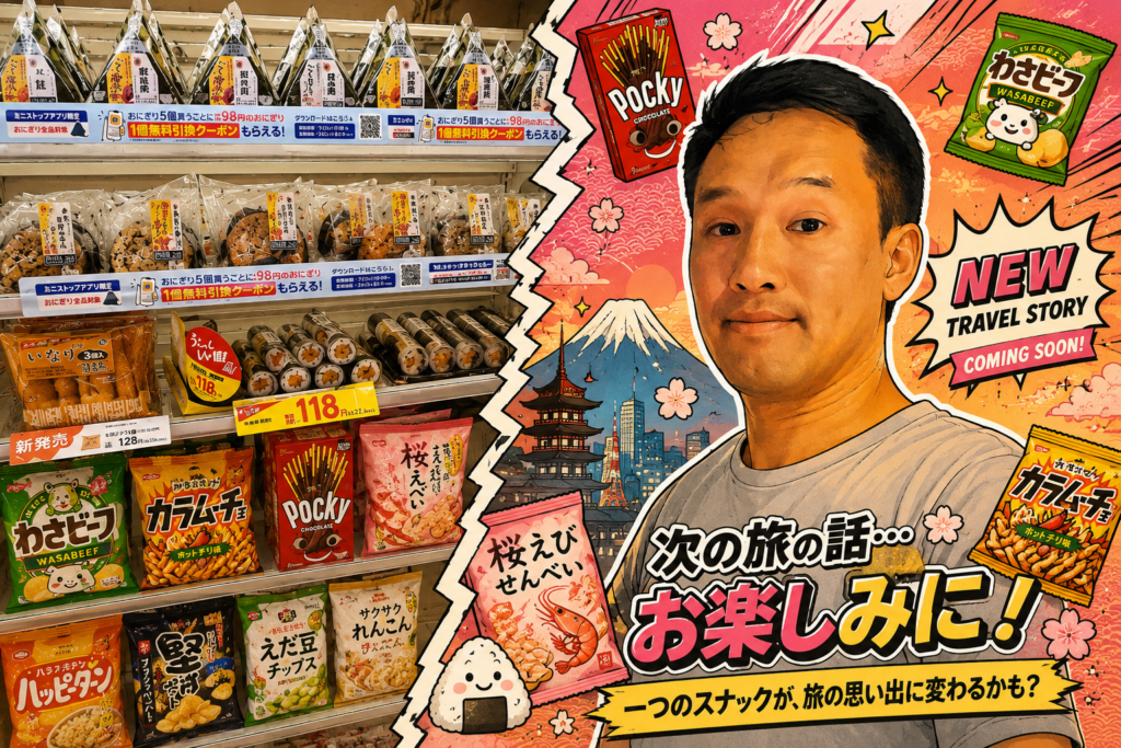 Man naast een koelschap met Japanse snacks, in kleurrijke Japanse cartoonstijl
